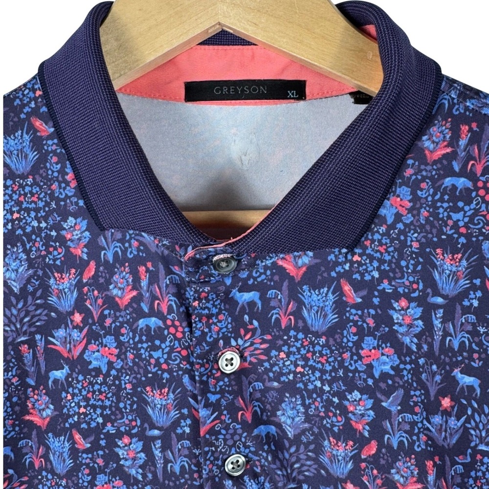 Greyson Golf Polo Performance Shirt Mens XL Floral Wildlife Deer Wolf Print Top